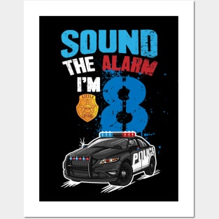 Kids Police Car 8th Birthday Gift Boy Sound The Alarm I'm 8 Posters and Art